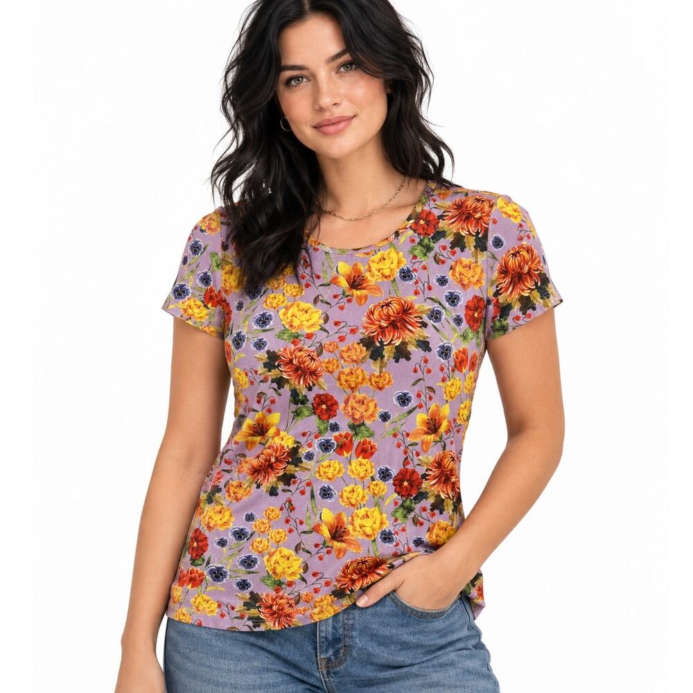 Elie Tahari Floral Tee Womens Medium Lavender Yellow Casual Crew Neck Top